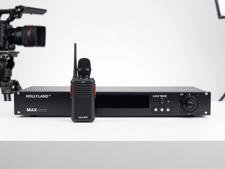 Professional Hollyland Lark Max wireless microphone system, transmitter and receiver on a clean studio surface, white background