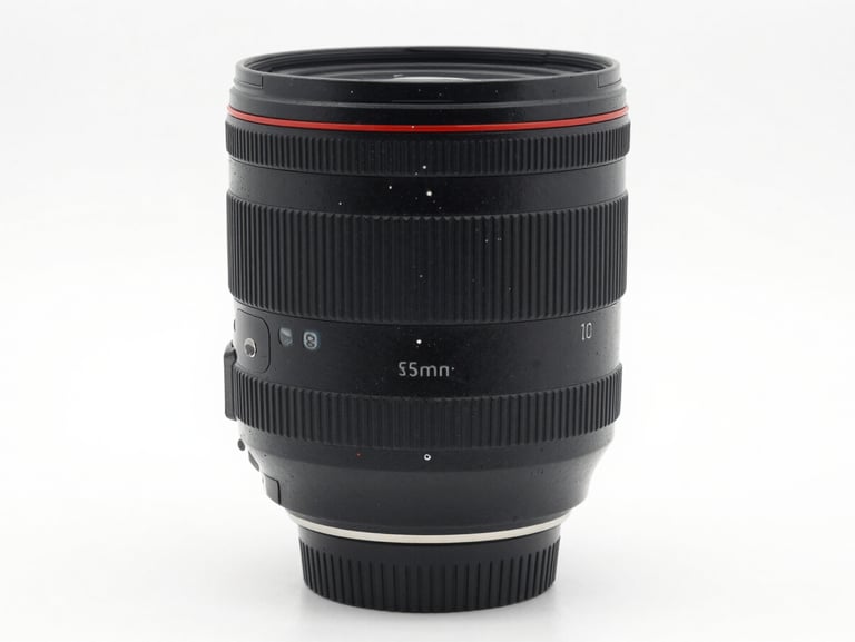 Sharp close-up of a professional camera zoom lens, clean white studio backdrop, bright high-key lighting, professional camera gear, 85mm lens