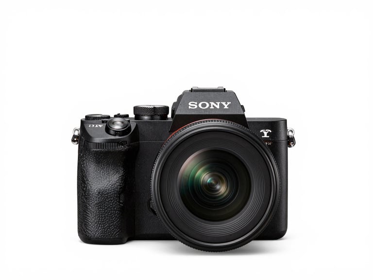 Sharp front-facing product profile of a Sony Alpha mirrorless camera body, clean white studio backdrop, bright high-key lighting, professional camera gear, 85mm lens