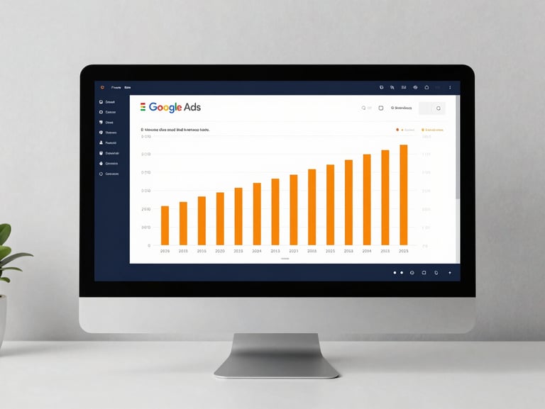 Straight-on studio shot of a modern desktop monitor displaying real-time Google Ads analytics charts with clean navy and orange bars on a stark white desk.