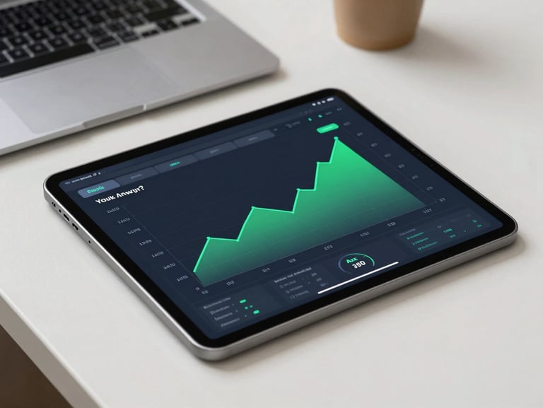 Sleek tablet mockup lying on a clean workspace, displaying a live analytics dashboard with upward trending green charts, natural lighting.