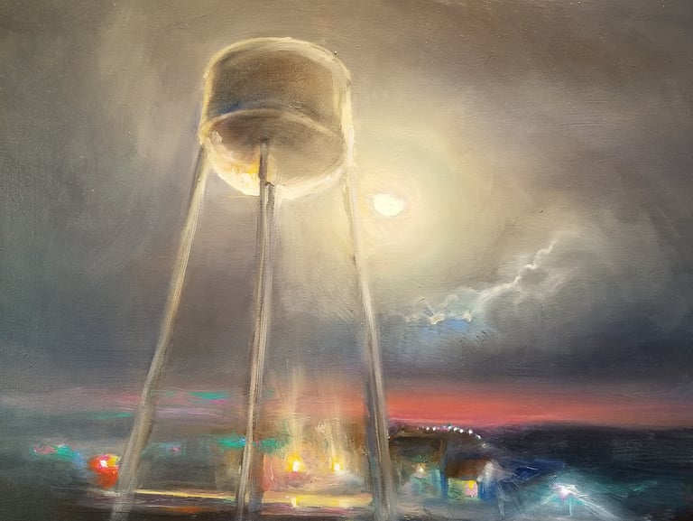Moon light on water tower oil on canvas picture
