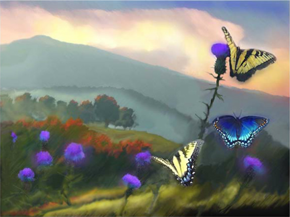 Thistles of Shenandoah Valley painting, butterflies