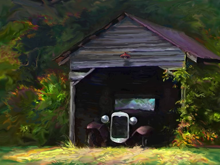 antique car, parked in time, under a barn,
