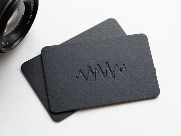 Close-up overhead flat-lay of three matte black NFC business cards fanned on a clean white surface under studio strobe light, an NFC wave embossed on the card face, minimal shadows, high contrast