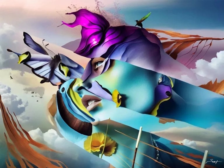 Surreal digital art featuring a woman's face blended with butterflies and purple flowers.