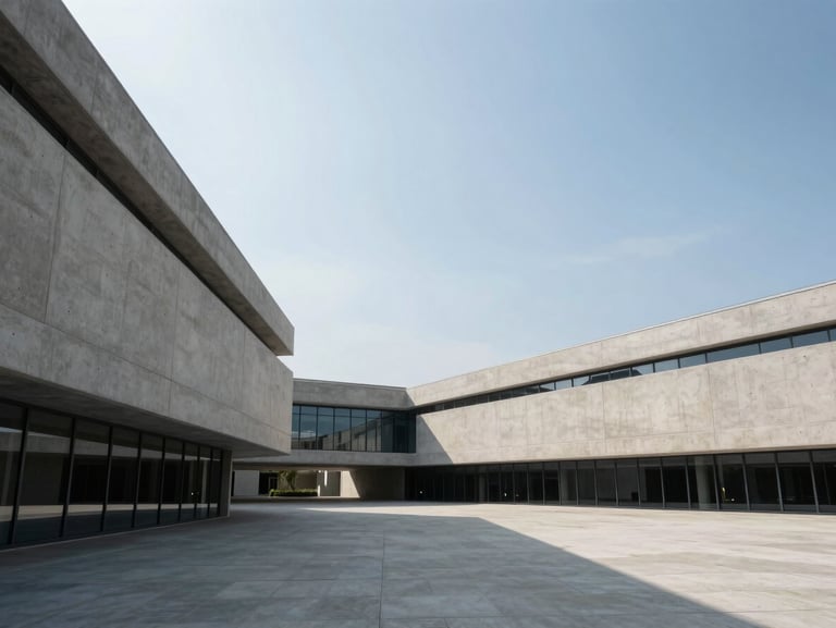 Wide environmental shot of modern civic architecture in bright daylight, clean concrete lines, expansive sky, low horizon.