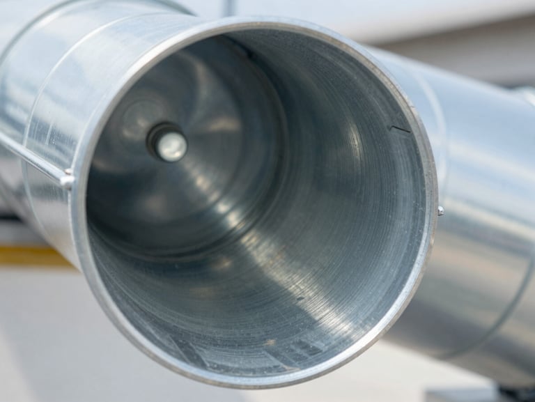 Macro close-up of a clean, bright metallic air duct interior, reflecting utility light, completely free of dust