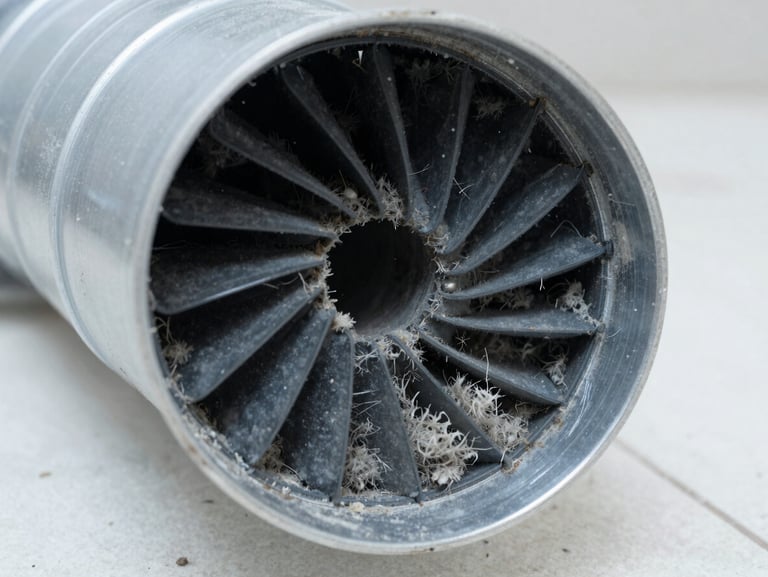 Macro close-up of a dark, dusty residential air duct interior heavily clogged with grey lint and debris
