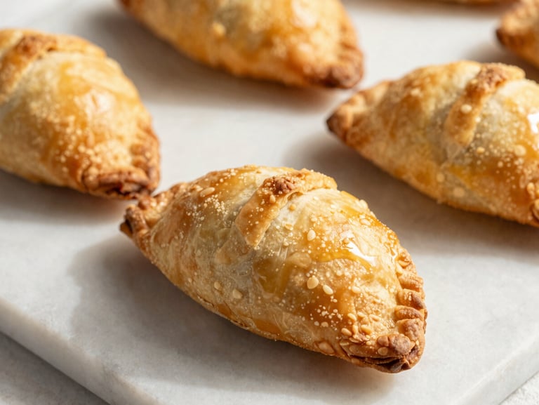 Golden brown puff pastries and hand-pies arranged on a clean marble slab, warm Miami daylight casting soft shadows, flaky texture close-up.