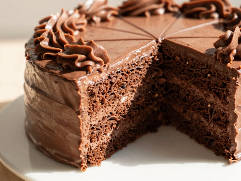 Close-up of a dense, double-layered custom chocolate cake with glossy fudge frosting, single slice cut out, warm afternoon sunlight, minimalist table setting.