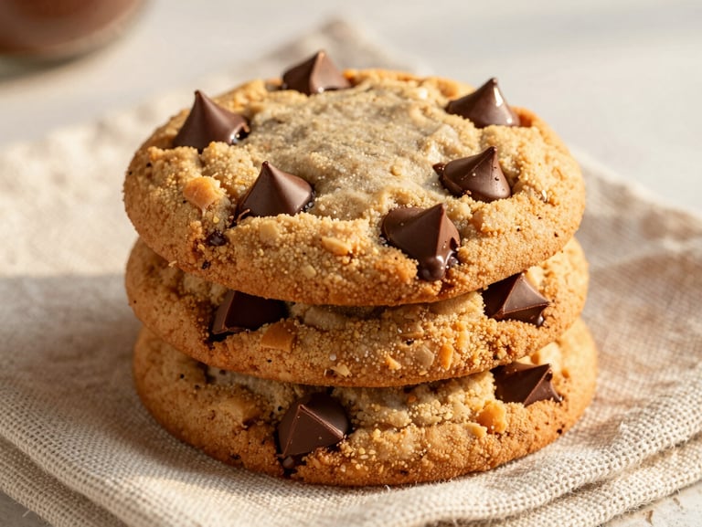 Thick, chewy chocolate chip cookies stacked on a linen napkin, melting chocolate pools, warm golden hour lighting, macro shot.