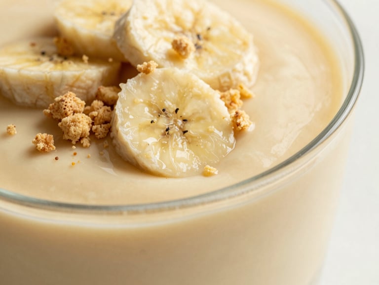 Overhead close-up of banana pudding in a glass dish, thick vanilla-flecked custard layers, soft vanilla wafer crumbs, warm natural light, shallow depth of field.