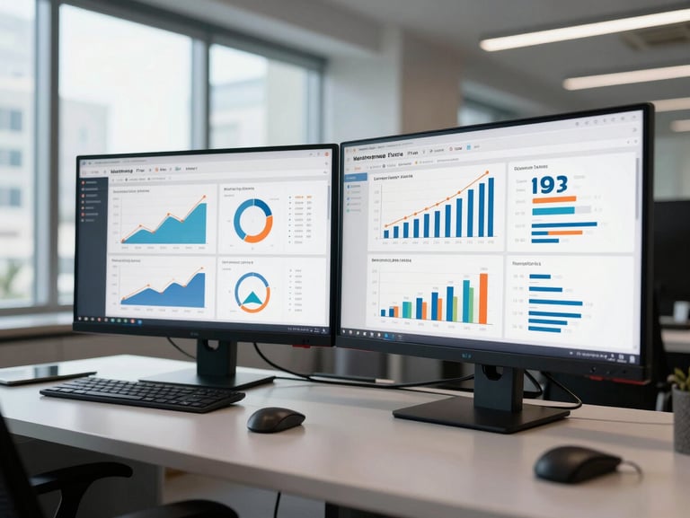 Wide-angle view of a marketing analytics dashboard on dual monitors in a Miami agency office, campaign performance graphs and revenue attribution charts visible mid-workflow, bright studio window light from the left, no people