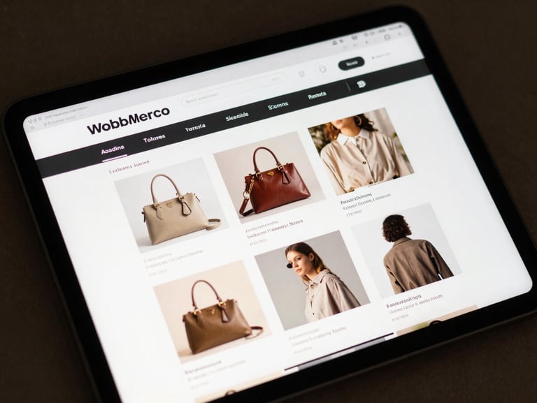 A clean, modern WooCommerce storefront interface on a tablet screen, displaying high-end retail products with fast-loading image grids.