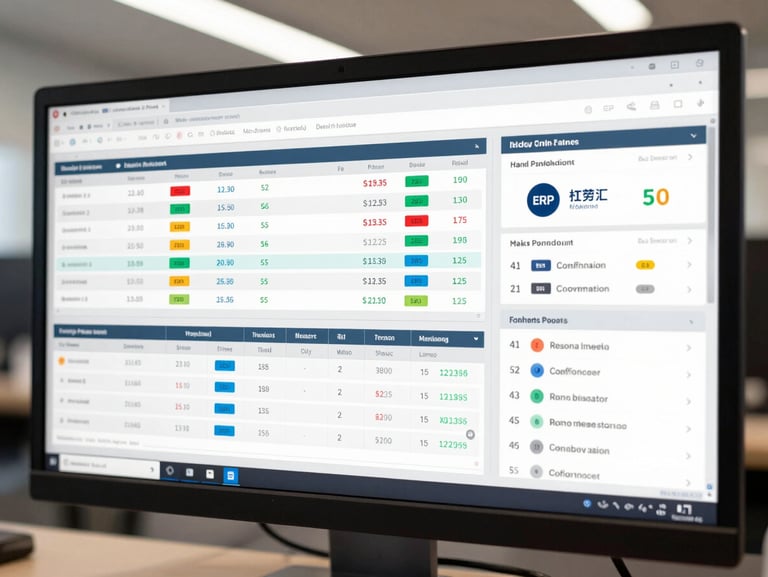 Close-up of a multi-panel ERP dashboard on a widescreen monitor, showing financial data tables, workflow status indicators, and compliance metrics — neutral office overhead lighting, sharp focus on the interface, dark chrome monitor frame visible at edges