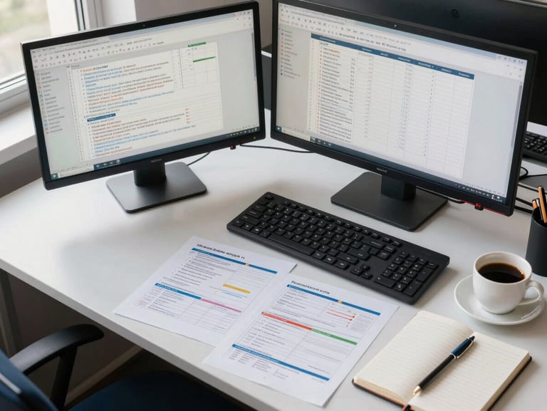 Overhead view of a finance operations desk with open spreadsheets on dual monitors, process documentation printed and annotated, a cup of coffee and a notebook beside the keyboard — natural office daylight from a window to the left