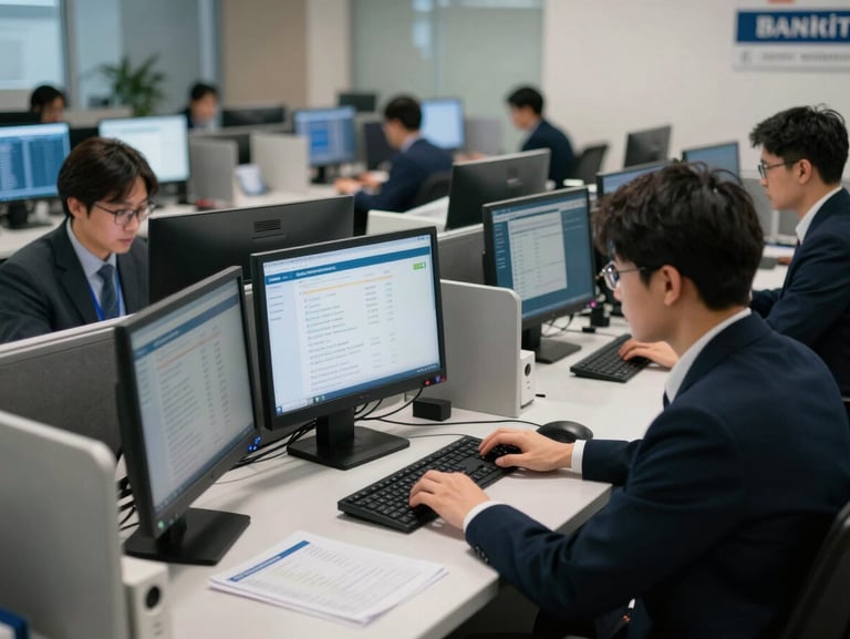 Banking operations floor with tellers working at terminals, multiple screens showing account management interfaces and transaction queues, cool office lighting, focused on the workspace rather than individuals