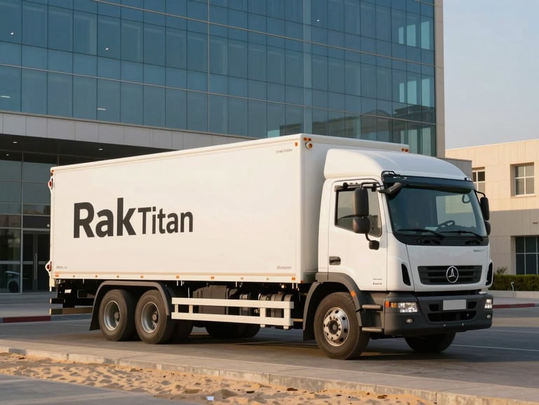 Wide-angle shot of a clean, branded Rak Titan moving truck parked outside a modern glass office building in Ras Al Khaimah, warm sandy afternoon light, sharp focus.