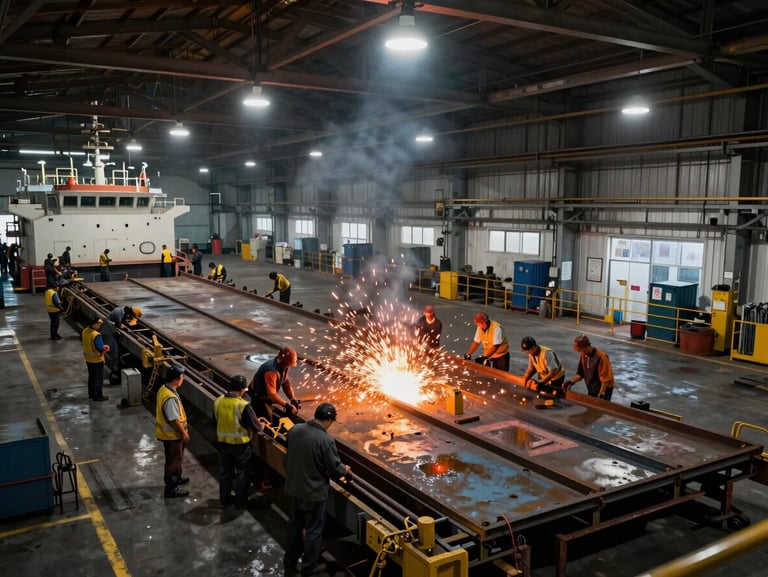 Wide environmental shot inside a shipyard — a full crew working on a steel deck pour under overhead industrial lights, documentary perspective from above, no posed moments, natural site conditions with sparks and work light