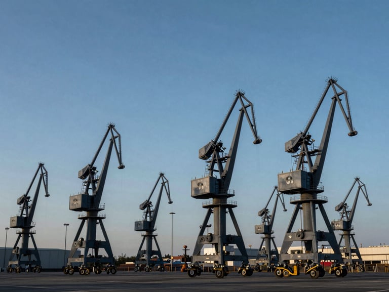 Wide-angle industrial port landscape, massive steel cranes against a cool blue sky, high contrast.