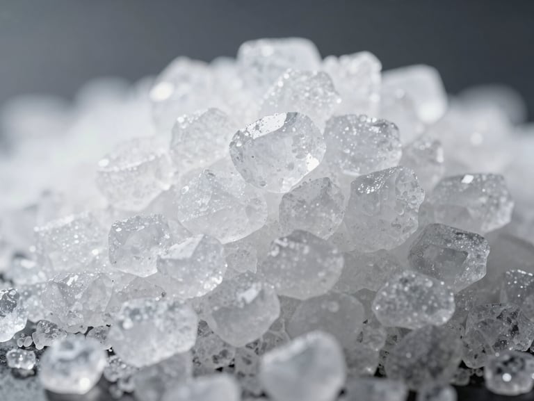 Extreme close-up macro photograph of pure white ICUMSA 45 sugar crystals under sharp, cold industrial lighting, emphasizing purity and high-quality grade.