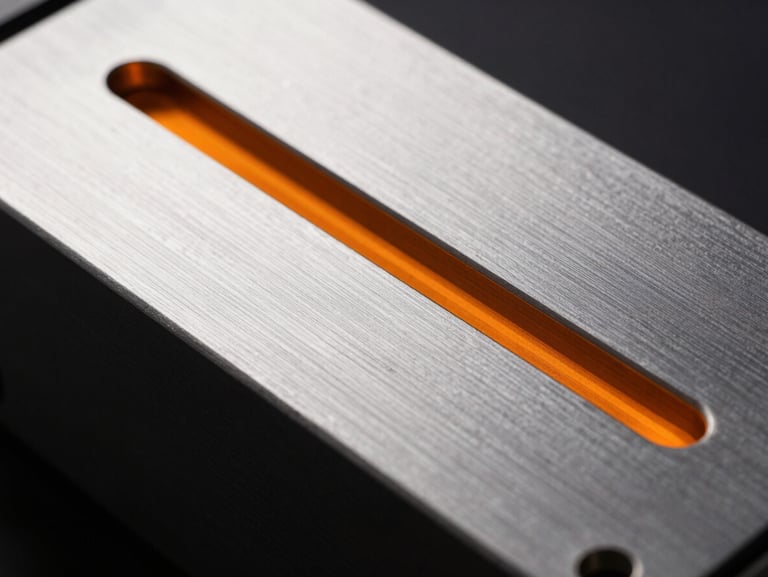 Macro shot of silver server components with a single sharp orange light line reflecting on dark brushed metal, high-contrast