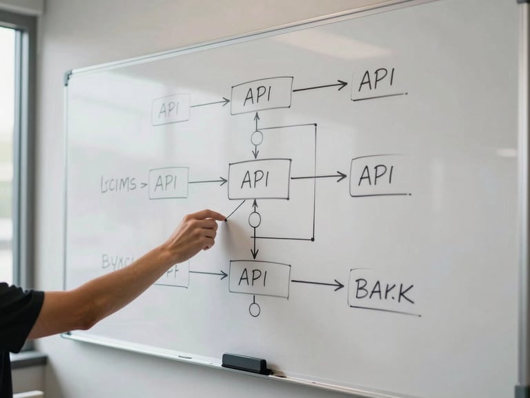 Wide overhead view of a whiteboard mid-session — architecture diagram in black marker, handwritten API flow labels, a hand reaching in to add a node, cool even daylight from a window to the left, no faces visible