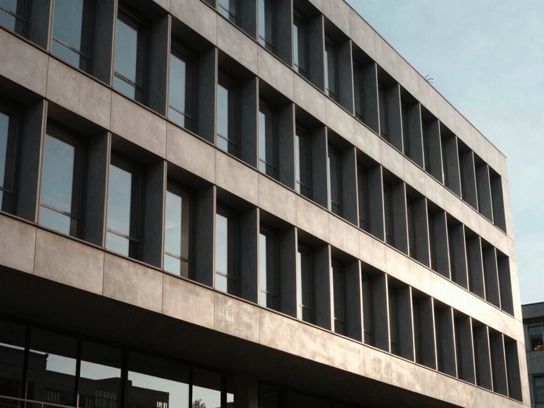 A minimalist, geometric architectural shot of an elite business school campus facade with clean leading lines under dramatic afternoon window light