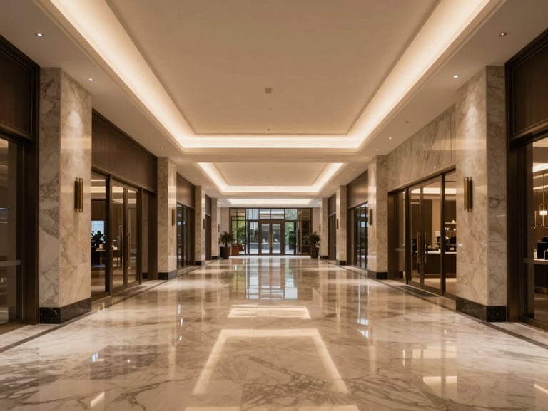Symmetrical wide shot of a luxury commercial lobby, polished marble floors reflecting warm low-key architectural lighting, clean geometric lines.