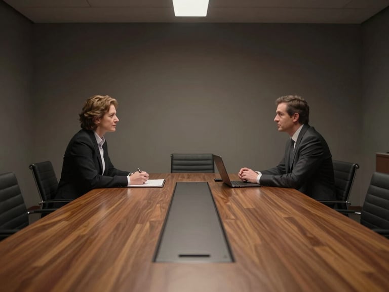 Low-key interior lighting on a professional interview set, showing a modern corporate boardroom, soft key light on a polished mahogany table.