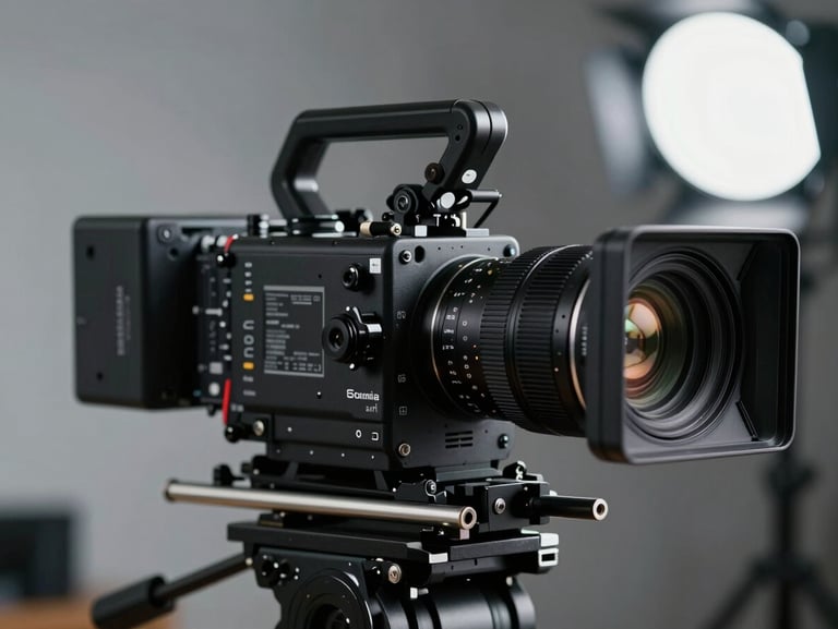 Extreme close-up of a high-end cinema camera rig on a stabilized gimbal, shallow depth of field, cool studio lighting.