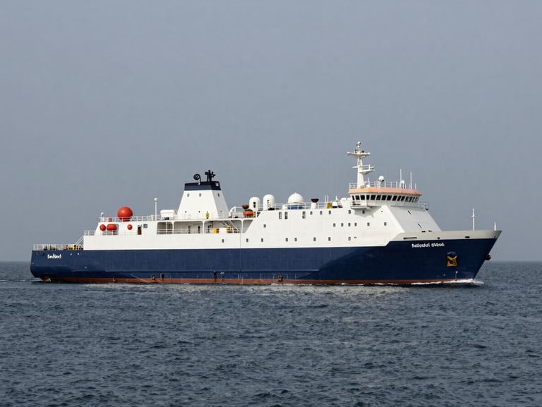Wide shot of a clean maritime vessel operating in calm deep blue water, slate gray sky, professional engineering focus