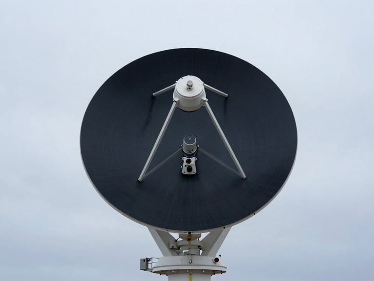 Modern satellite tracking station or marine sensor buoy in open ocean, clean corporate framing, 35mm