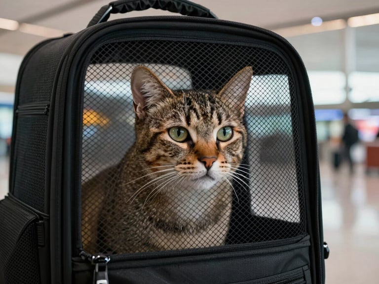 A close-up of a cat looking calmly through the black mesh of a premium travel carrier inside a modern, softly lit airport terminal, warm ambient lighting.