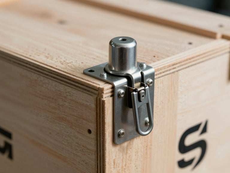 Sharp macro shot of a heavy-duty security seal locked onto a custom wooden shipping crate, clean industrial daylight.