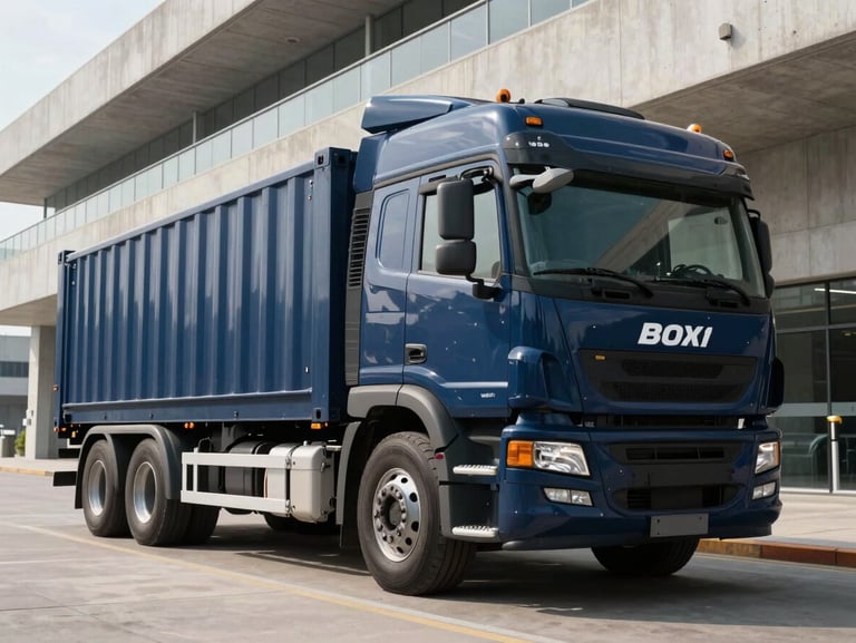Low-angle heroic shot of a branded navy blue heavy-duty container truck parked inside a clean, modern concrete logistics terminal under crisp daylight, sharp details of secure cargo doors.