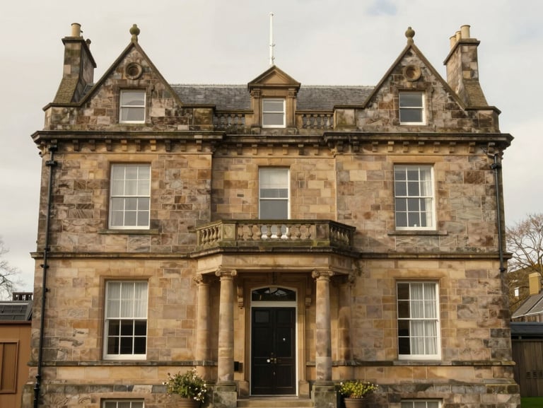 Straight-on architectural elevation of a beautifully restored Victorian stone villa in Dundee, clean lime pointing visible, soft overcast daylight.