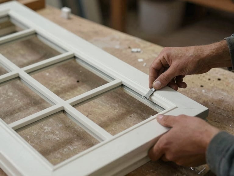 A joiner using hand tool to repair a white wooden window frame in a workshop