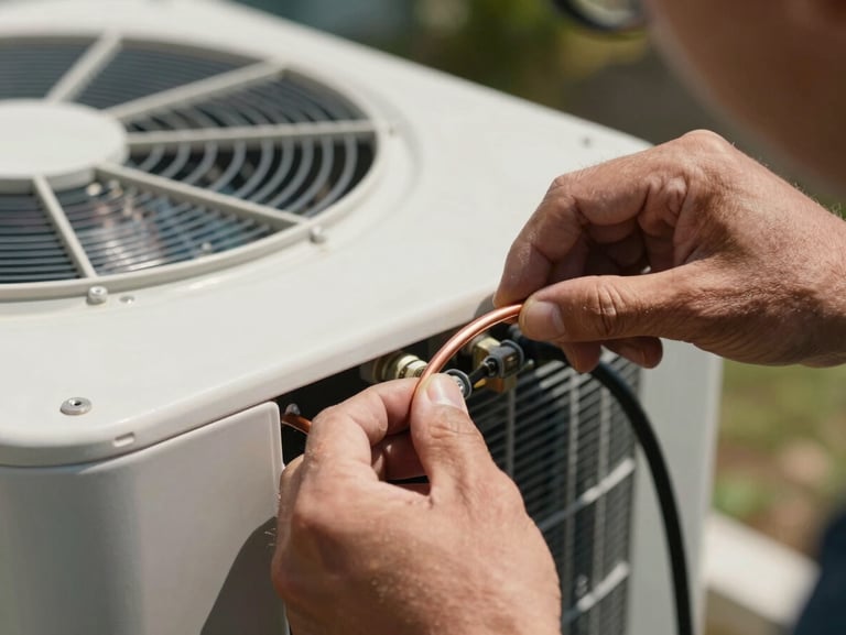 Tight, detailed macro shot of a technician's hands adjusting copper lines on an outdoor condenser unit under intense Florida midday sun.