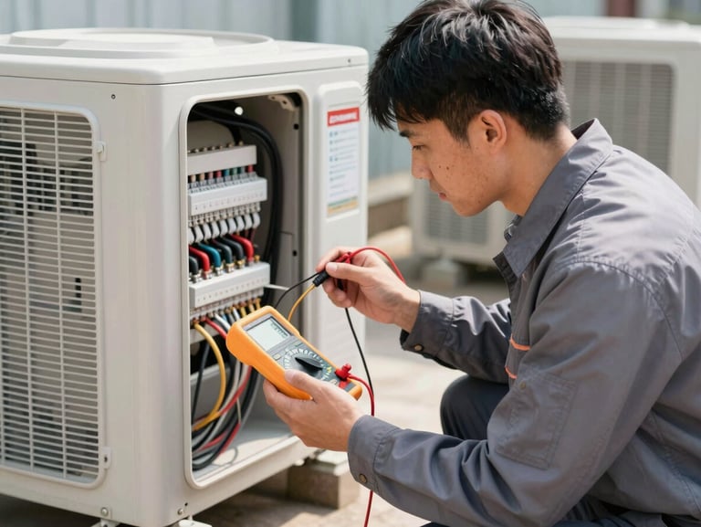 A technician in a clean uniform working on an outdoor AC condenser unit, testing electrical connections with a digital multimeter, bright daylight.