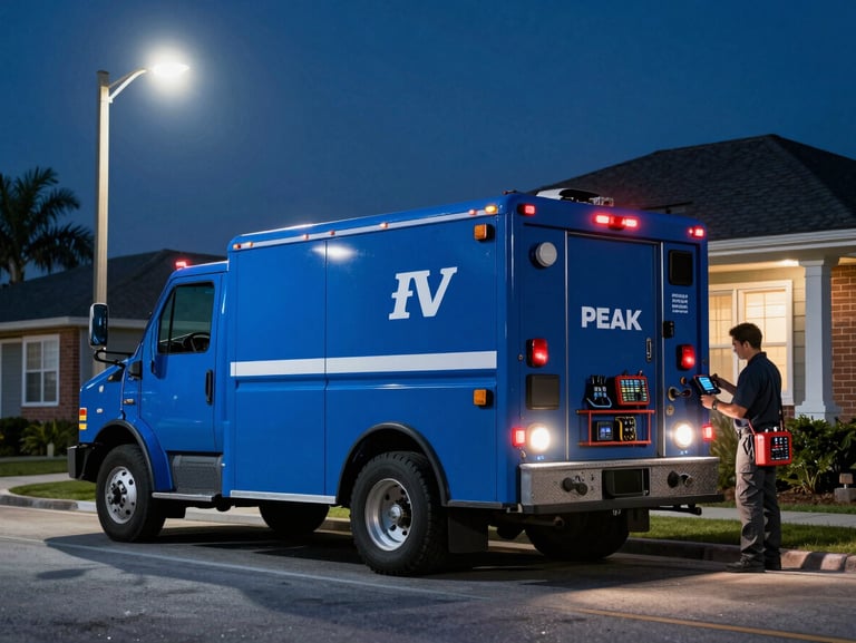 A Blue Peak HVAC service truck parked under a Cape Coral streetlamp at night, cool blue tones, technician carrying diagnostic tools toward a residential home.