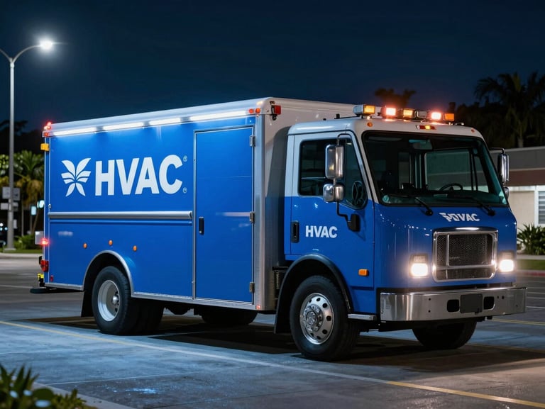 Cool blue-toned night shot of a Blue Peak HVAC service truck dispatched under Cape Coral streetlights, clean and ready.