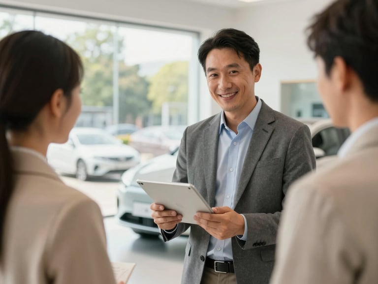 Bright editorial photography of a professional advisor showing a digital tablet to a customer inside a modern car delivery center, warm tones, natural daylight