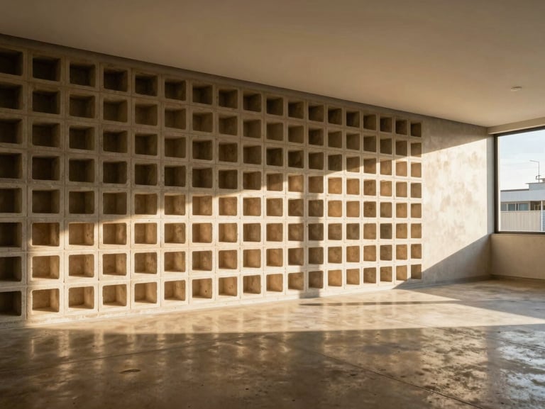 Interior of a modernist apartment in Brasília, featuring a wall of geometric cobogós, warm afternoon sun casting patterned shadows on a polished concrete floor