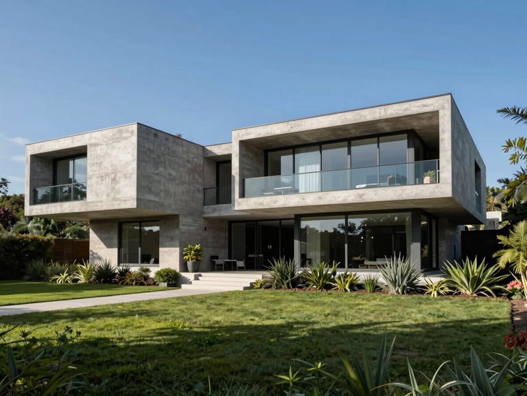 Wide shot of a modernist luxury house in Lago Sul, concrete structures integrated with lush green gardens and a clear blue sky.