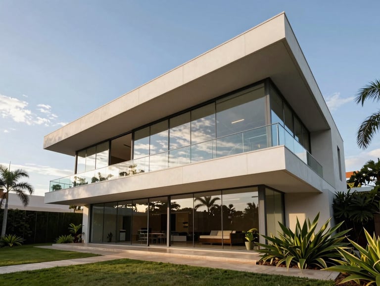 Wide-angle view of a high-end house in Lago Sul, clean geometric lines, large glass panes reflecting the Brasília sky, integrated tropical garden