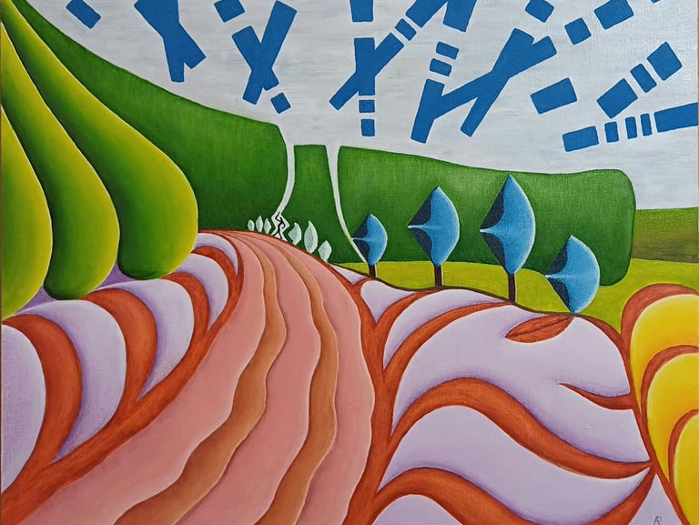 Stegasaur Smells The Gorse — Scottish landscape with blue trees and abstract sky, by Zanda