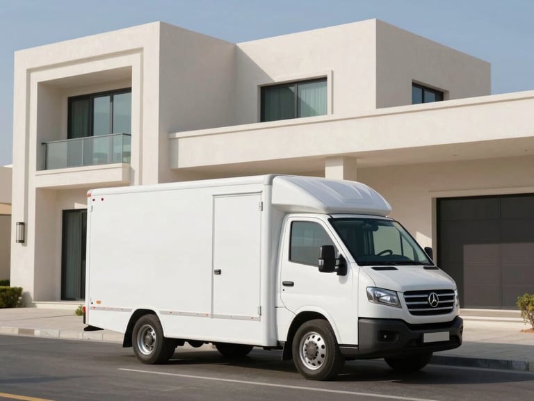 A pristine, branded white closed-box transport vehicle parked outside an elegant contemporary villa on Saadiyat Island, bright UAE morning sun, clean architectural lines
