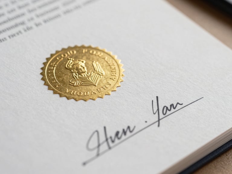 Macro close-up of a physical certified document with a raised gold embossed seal and official ink signatures on heavy bond paper, bright office daylight, shallow depth of field
